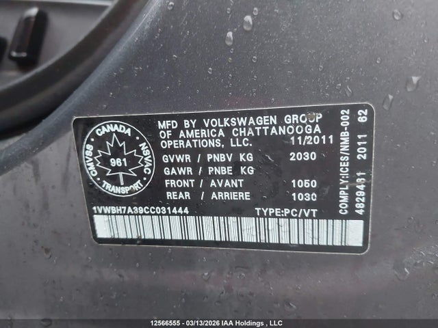 Продажа на аукционе авто 2012 Volkswagen Passat 2.5l Comfortline, vin: 1VWBH7A39CC031444, номер лота: 12566555