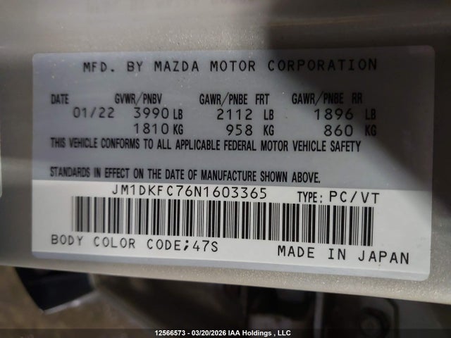 Продаж на аукціоні авто 2022 Mazda Cx-3 Touring, vin: JM1DKFC76N1603365, номер лоту: 12566573