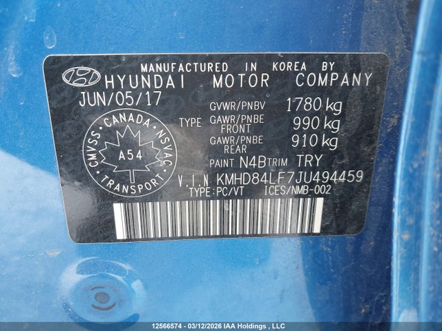 KMHD84LF7JU494459 Hyundai Elantra Sel/value/limited