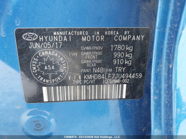 KMHD84LF7JU494459 Hyundai Elantra Sel/value/limited