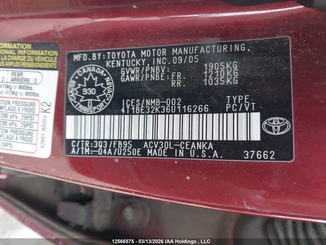 12566575 :رقم المزاد ، 4T1BE32K36U116266 vin ، 2006 Toyota Camry Le/xle/se مزاد بيع