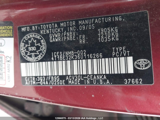 12566575 :رقم المزاد ، 4T1BE32K36U116266 vin ، 2006 Toyota Camry Le/xle/se مزاد بيع