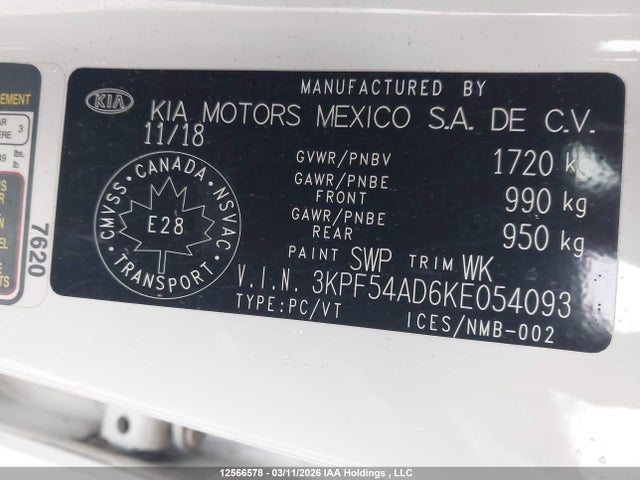 3KPF54AD6KE054093 KIA FORTE EX