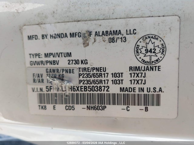 2014 Honda Odyssey Ex-l მანქანა იყიდება აუქციონზე, vin: 5FNRL5H6XEB503872, აუქციონის ნომერი: 12559372