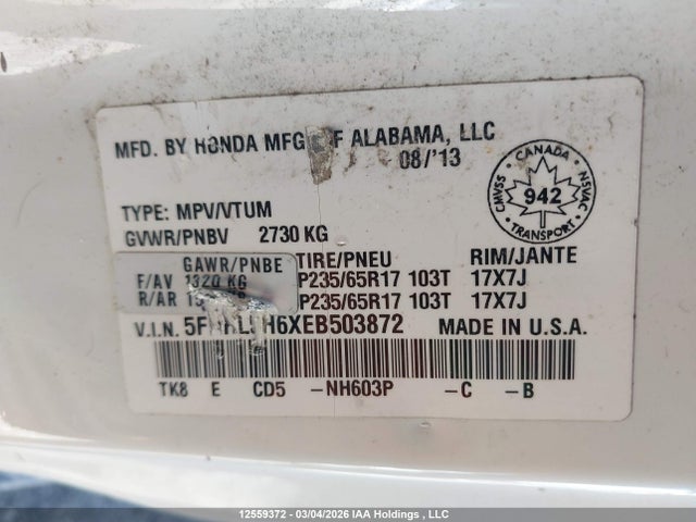 2014 Honda Odyssey Ex-l მანქანა იყიდება აუქციონზე, vin: 5FNRL5H6XEB503872, აუქციონის ნომერი: 12559372