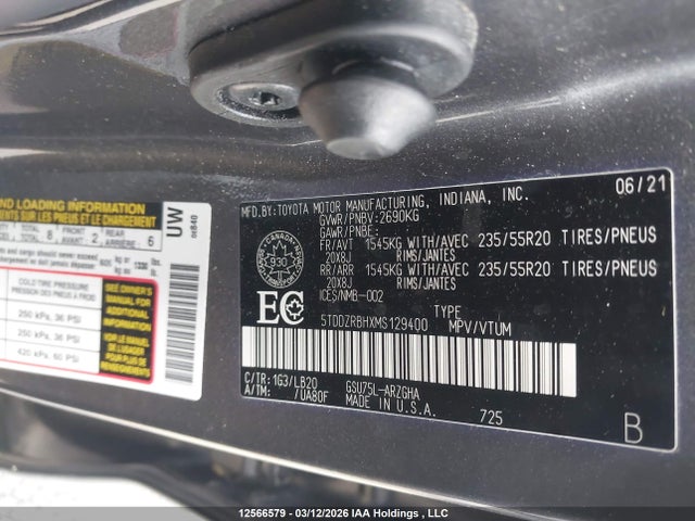 5TDDZRBHXMS129400 Toyota Highlander Limited/platinum