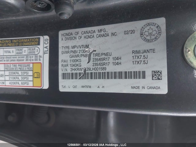 2HKRW1H29LH001589 Honda CR-V LX