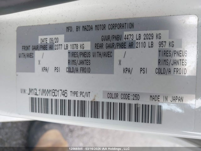 12566585 :رقم المزاد ، JM1GL1VMXM1601746 vin ، 2021 Mazda 6 Touring مزاد بيع