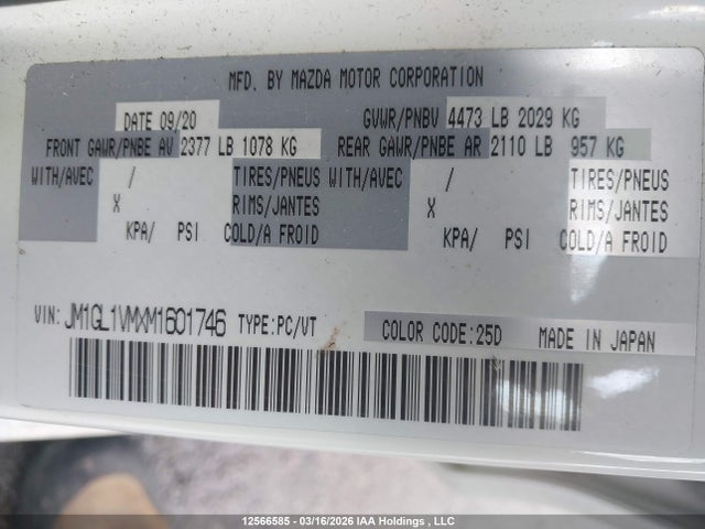 12566585 :رقم المزاد ، JM1GL1VMXM1601746 vin ، 2021 Mazda 6 Touring مزاد بيع