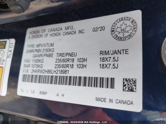 2HKRW2H86LH218981 Honda Cr-v Ex-l