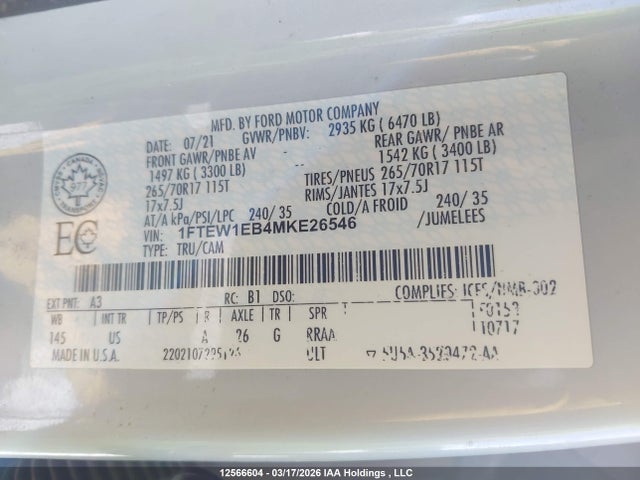 Продажа на аукционе авто 2021 Ford F-150 Xlt, vin: 1FTEW1EB4MKE26546, номер лота: 12566604