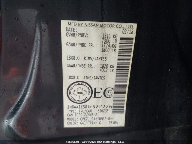 1N6AA1E58JN522226 Nissan Titan Platinum/pro-4x/s/sl Midnight Edition/sv/sv Midnight Edition