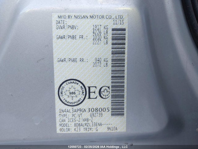 1N4AL3AP9GN308005 Nissan Altima 2.5/2.5 S/2.5 Sl Tech/2.5 Sr/2.5 Sv
