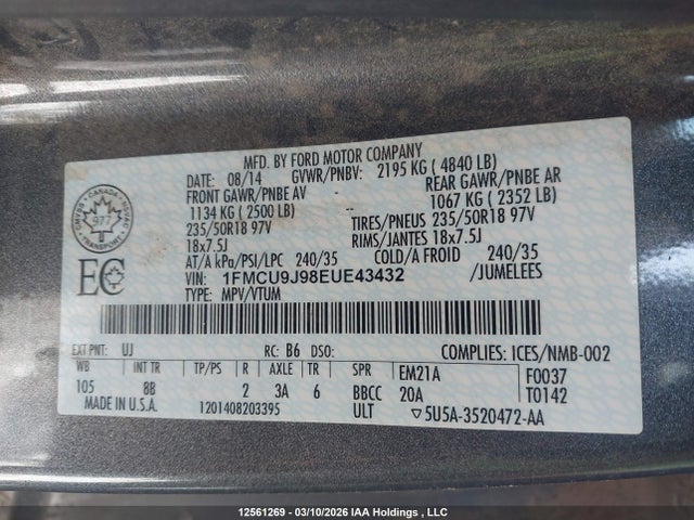 12561269 :رقم المزاد ، 1FMCU9J98EUE43432 vin ، 2014 Ford Escape Titanium مزاد بيع