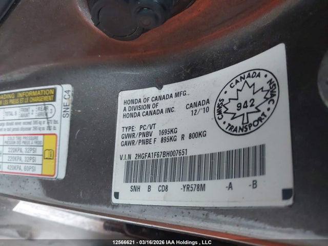 12566621 :رقم المزاد ، 2HGFA1F67BH007651 vin ، 2011 Honda Civic مزاد بيع