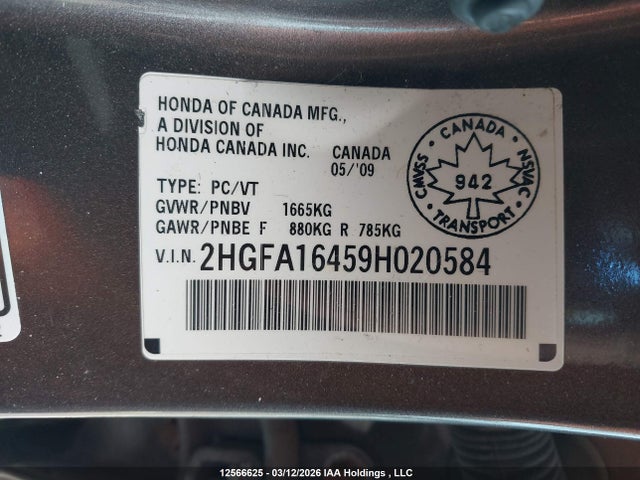 Aukcja sprzedaży 2009 Honda Civic Dx-g, vin: 2HGFA16459H020584, numer aukcji: 12566625