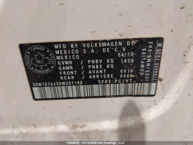 Продажа на аукционе авто 2013 Volkswagen Jetta S, vin: 3VW1K7AJ3DM297196, номер лота: 12566632