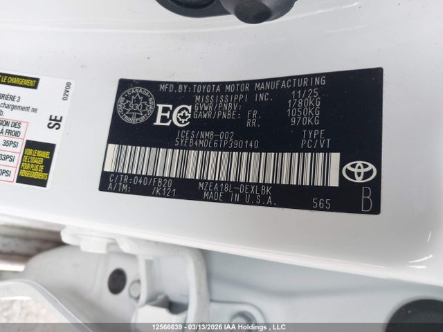 12566639 :رقم المزاد ، 5YFB4MDE6TP390140 vin ، 2026 Toyota Corolla Le مزاد بيع