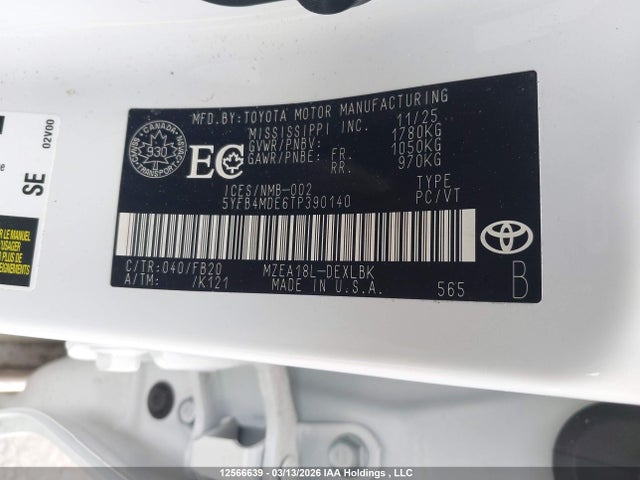 12566639 :رقم المزاد ، 5YFB4MDE6TP390140 vin ، 2026 Toyota Corolla Le مزاد بيع