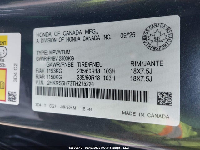 Aukcja sprzedaży 2026 Honda Cr-v Exl, vin: 2HKRS6H73TH215224, numer aukcji: 12566640