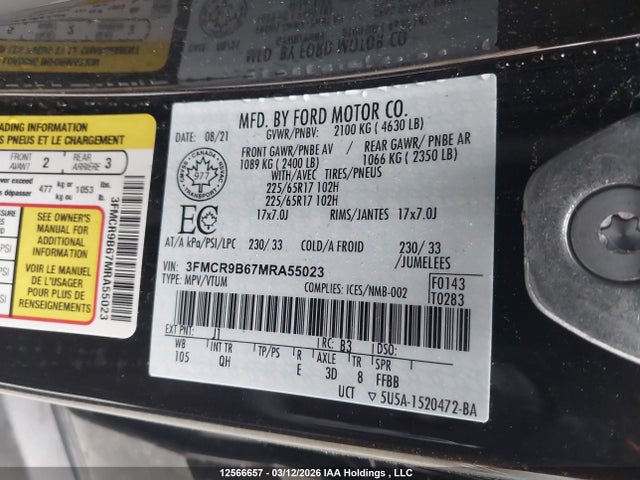 12566657 :رقم المزاد ، 3FMCR9B67MRA55023 vin ، 2021 Ford Bronco Sport Big Bend مزاد بيع