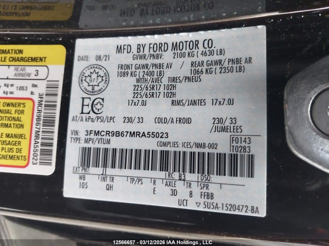 12566657 :رقم المزاد ، 3FMCR9B67MRA55023 vin ، 2021 Ford Bronco Sport Big Bend مزاد بيع