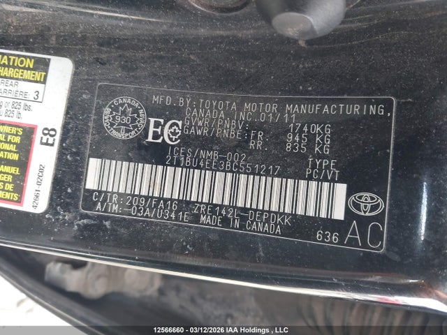 2011 Toyota Corolla S/le მანქანა იყიდება აუქციონზე, vin: 2T1BU4EE3BC551217, აუქციონის ნომერი: 12566660
