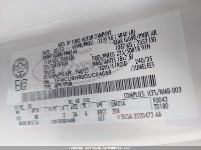 12566668 :رقم المزاد ، 1FMCU9H99DUC64658 vin ، 2013 Ford Escape Sel مزاد بيع