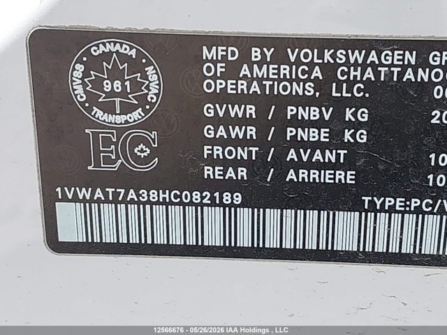 Продаж на аукціоні авто 2017 Volkswagen Passat S, vin: 1VWAT7A38HC082189, номер лоту: 12566676