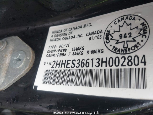 Aukcja sprzedaży 2003 Acura 1.7el Touring, vin: 2HHES36613H002804, numer aukcji: 12566685