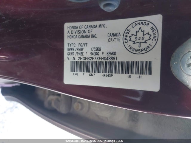 2015 Honda Civic Touring მანქანა იყიდება აუქციონზე, vin: 2HGFB2F7XFH048891, აუქციონის ნომერი: 12566688