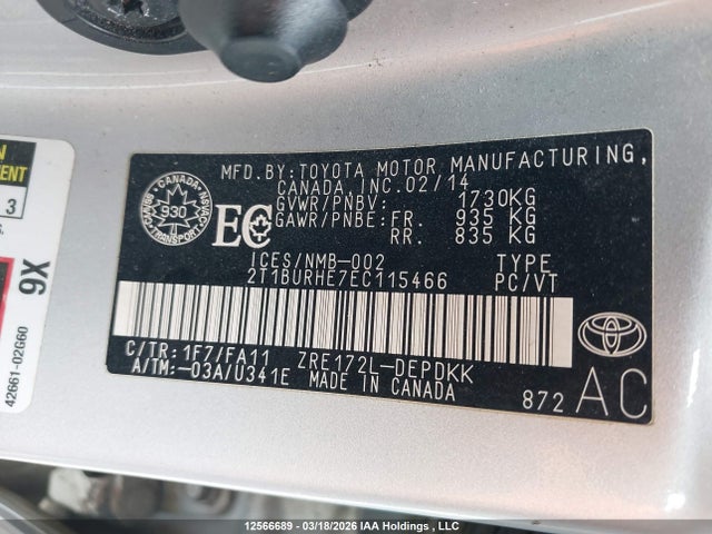 12566689 :رقم المزاد ، 2T1BURHE7EC115466 vin ، 2014 Toyota Corolla L/le/le Pls/prm/s/s Pls مزاد بيع