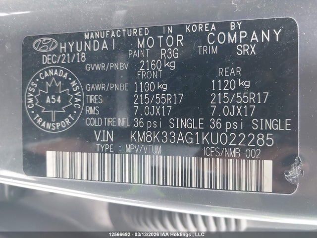 KM8K33AG1KU022285 Hyundai Kona Limited