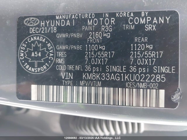 KM8K33AG1KU022285 Hyundai Kona Limited