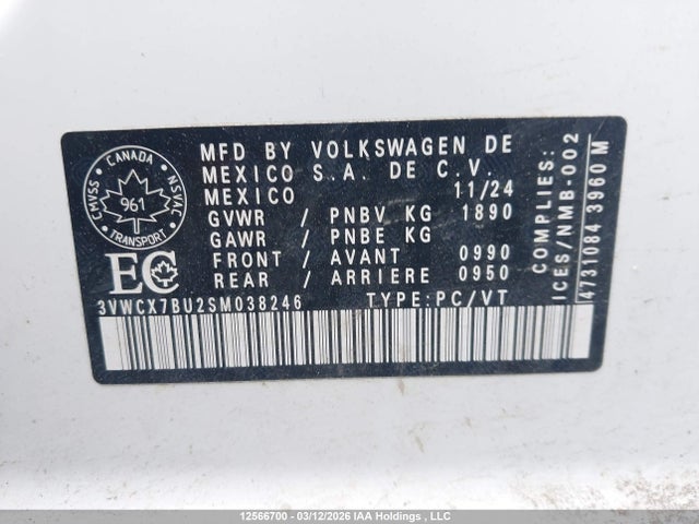 Aukcja sprzedaży 2025 Volkswagen Jetta Trendline, vin: 3VWCX7BU2SM038246, numer aukcji: 12566700