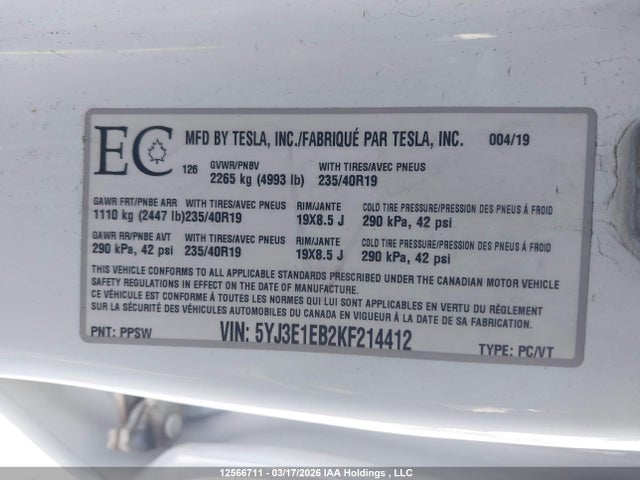 Продажа на аукционе авто 2019 Tesla Model 3, vin: 5YJ3E1EB2KF214412, номер лота: 12566711