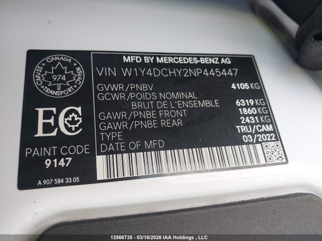 Продажа на аукционе авто 2022 Mercedes-benz Sprinter 2500, vin: W1Y4DCHY2NP445447, номер лота: 12566735