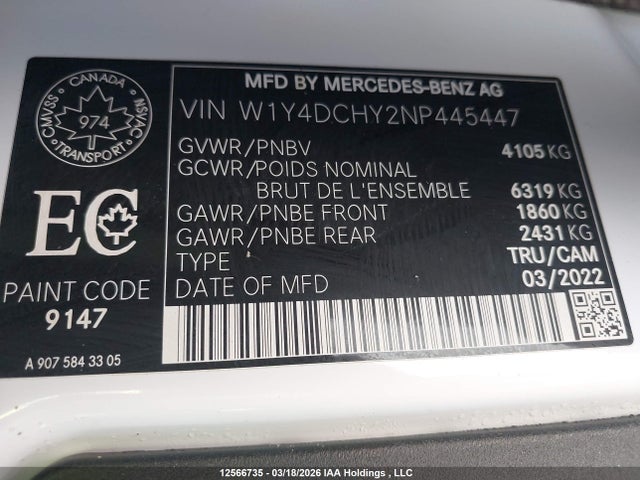 Продажа на аукционе авто 2022 Mercedes-benz Sprinter 2500, vin: W1Y4DCHY2NP445447, номер лота: 12566735