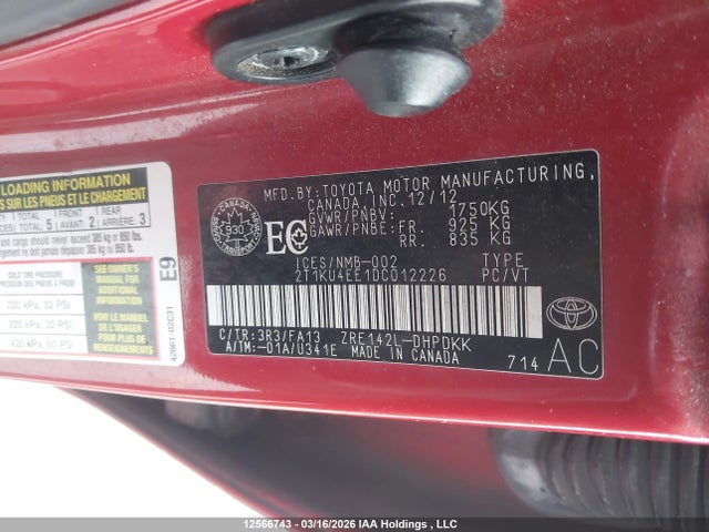 Aukcja sprzedaży 2013 Toyota Matrix, vin: 2T1KU4EE1DC012226, numer aukcji: 12566743
