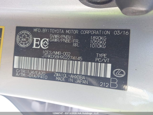 JTHKD5BH9G2274145 Lexus CT 200