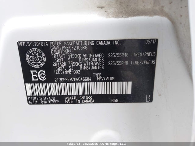 Aukcja sprzedaży 2017 Toyota Rav4, vin: 2T3DFREV7HW646684, numer aukcji: 12566764