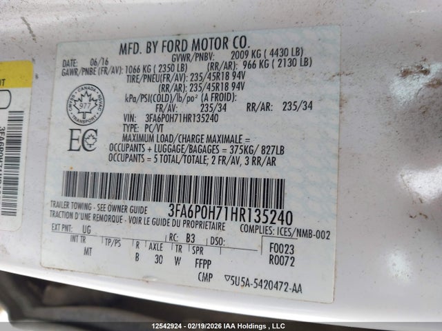 12542924 :رقم المزاد ، 3FA6P0H71HR135240 vin ، 2017 Ford Fusion Se مزاد بيع