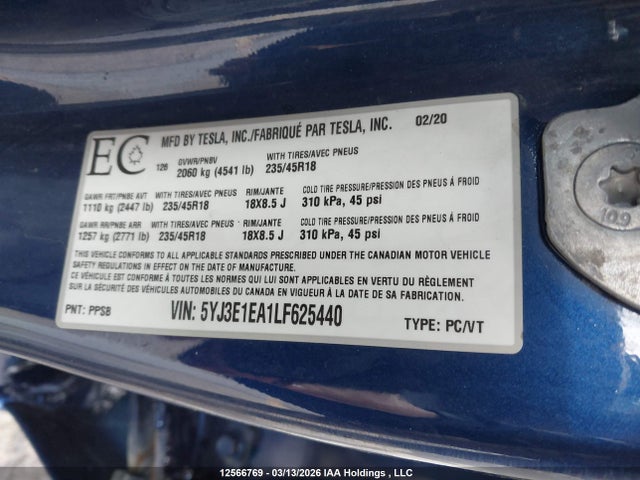Aukcja sprzedaży 2020 Tesla Model 3, vin: 5YJ3E1EA1LF625440, numer aukcji: 12566769