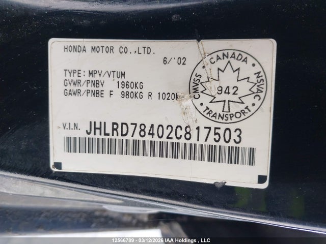 Aukcja sprzedaży 2002 Honda Cr-v Lx, vin: JHLRD78402C817503, numer aukcji: 12566789