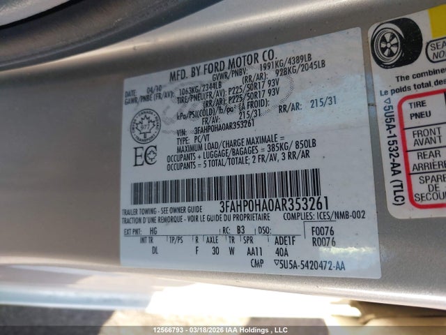 Продаж на аукціоні авто 2010 Ford Fusion, vin: 3FAHP0HA0AR353261, номер лоту: 12566793