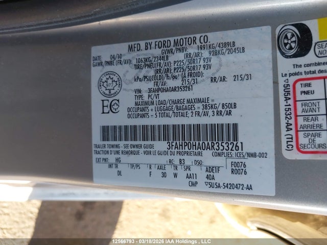 Продаж на аукціоні авто 2010 Ford Fusion, vin: 3FAHP0HA0AR353261, номер лоту: 12566793