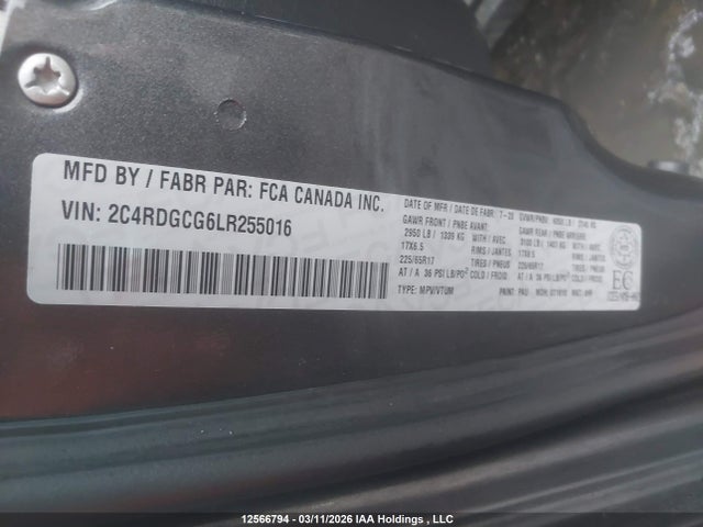 12566794 :رقم المزاد ، 2C4RDGCG6LR255016 vin ، 2020 Dodge Grand Caravan Sxt مزاد بيع