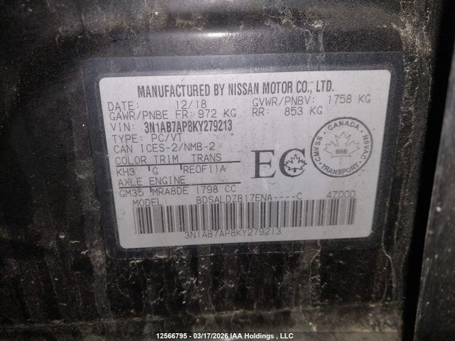 3N1AB7AP8KY279213 Nissan Sentra S/sv/sr/sl