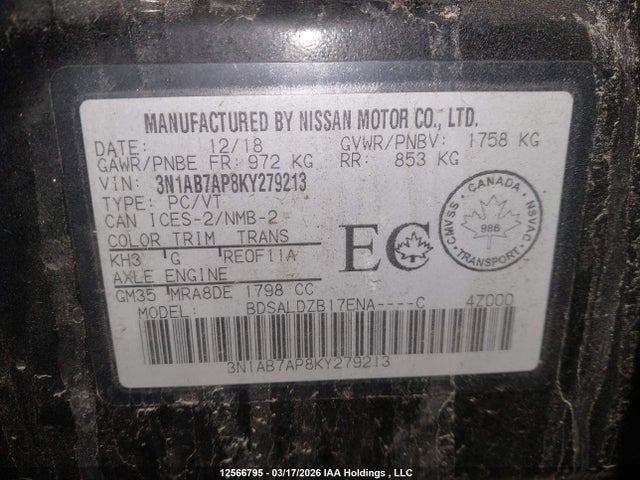 3N1AB7AP8KY279213 Nissan Sentra S/sv/sr/sl