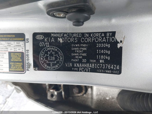 12566800 :رقم المزاد ، KNAHH8A81C7376424 vin ، 2012 Kia Rondo مزاد بيع